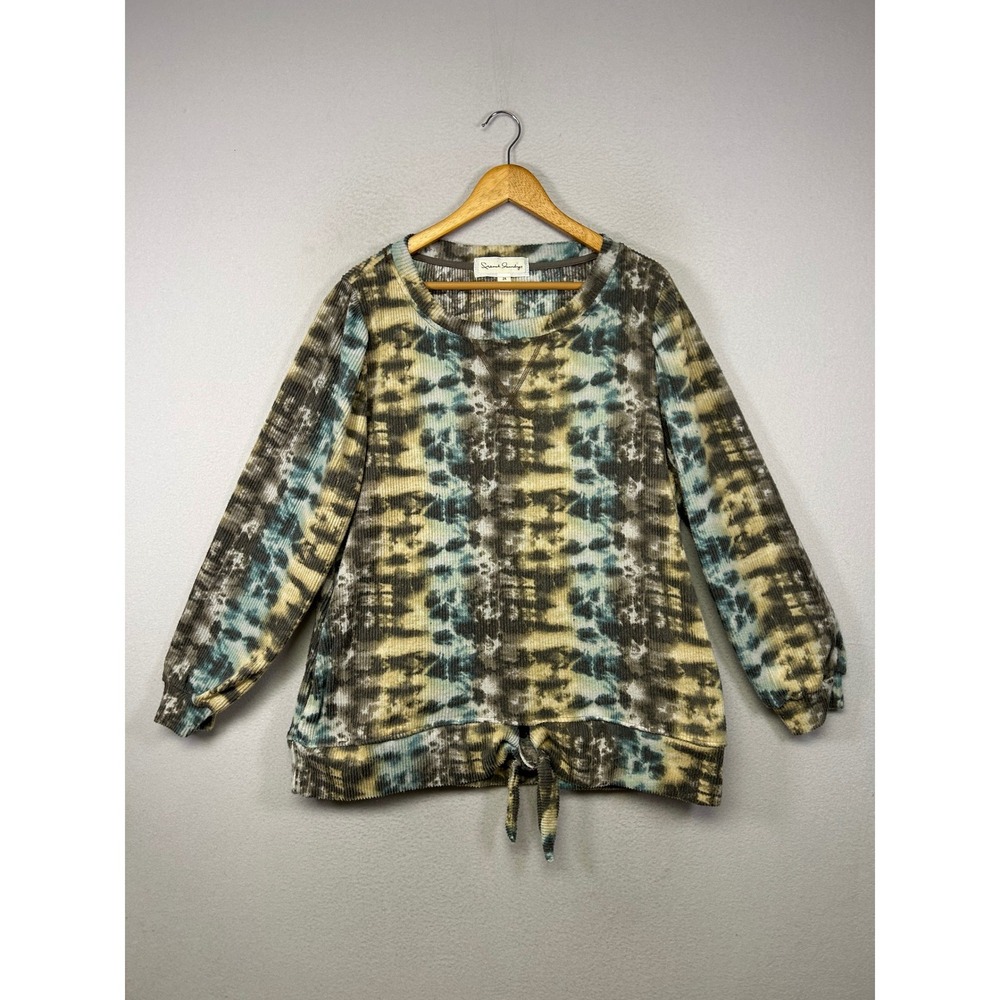 Boho Grunge French Laundry Womens 2X Brown Blue Tie Dye Ribbed Tie Front Top